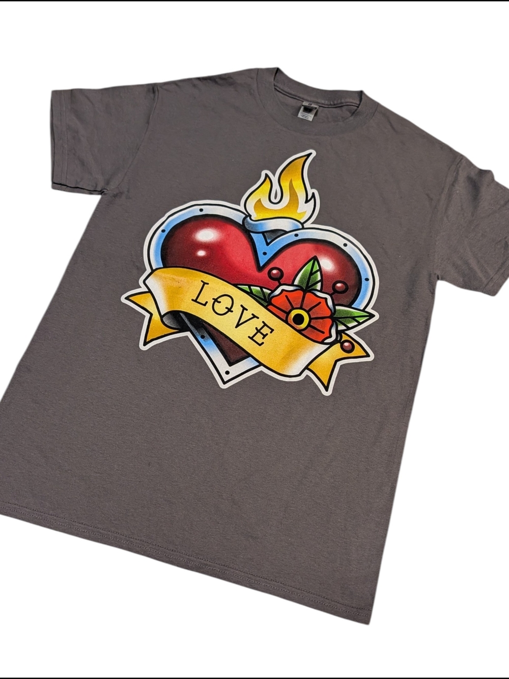 Gildan Grey Tee with Red Heart and Yellow Banner Women Small Old School
